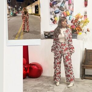 Chic Floral Red and White cropped blazer and cargo pant (shirt not included)